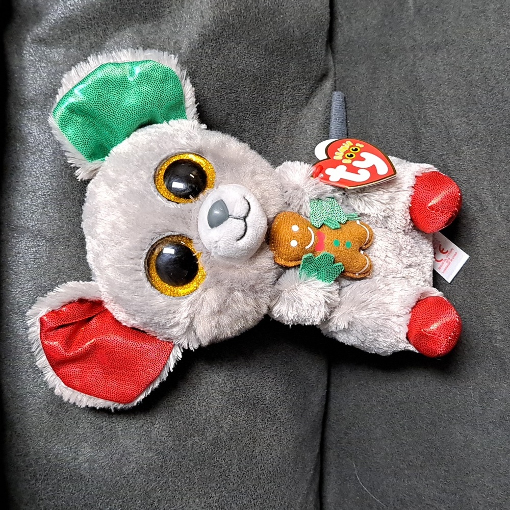 TY Beanie Boo "Mac" Christmas Plush 6" Mouse holding Gingerbread Man NWT